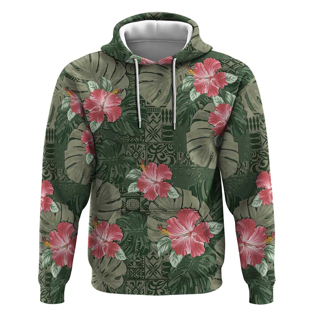Hawaii Zip Hoodie Green Polynesian Monstera Patterns - Polynesian Pride