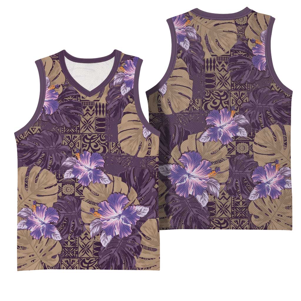 Hawaii Basketball Jersey Purple Polynesian Monstera Patterns - Polynesian Pride