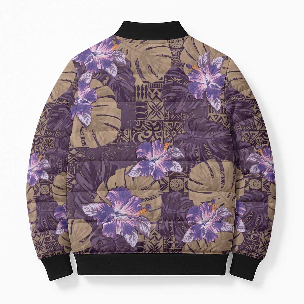 Hawaii Bomber Puffer Jacket Purple Polynesian Monstera Patterns - Polynesian Pride
