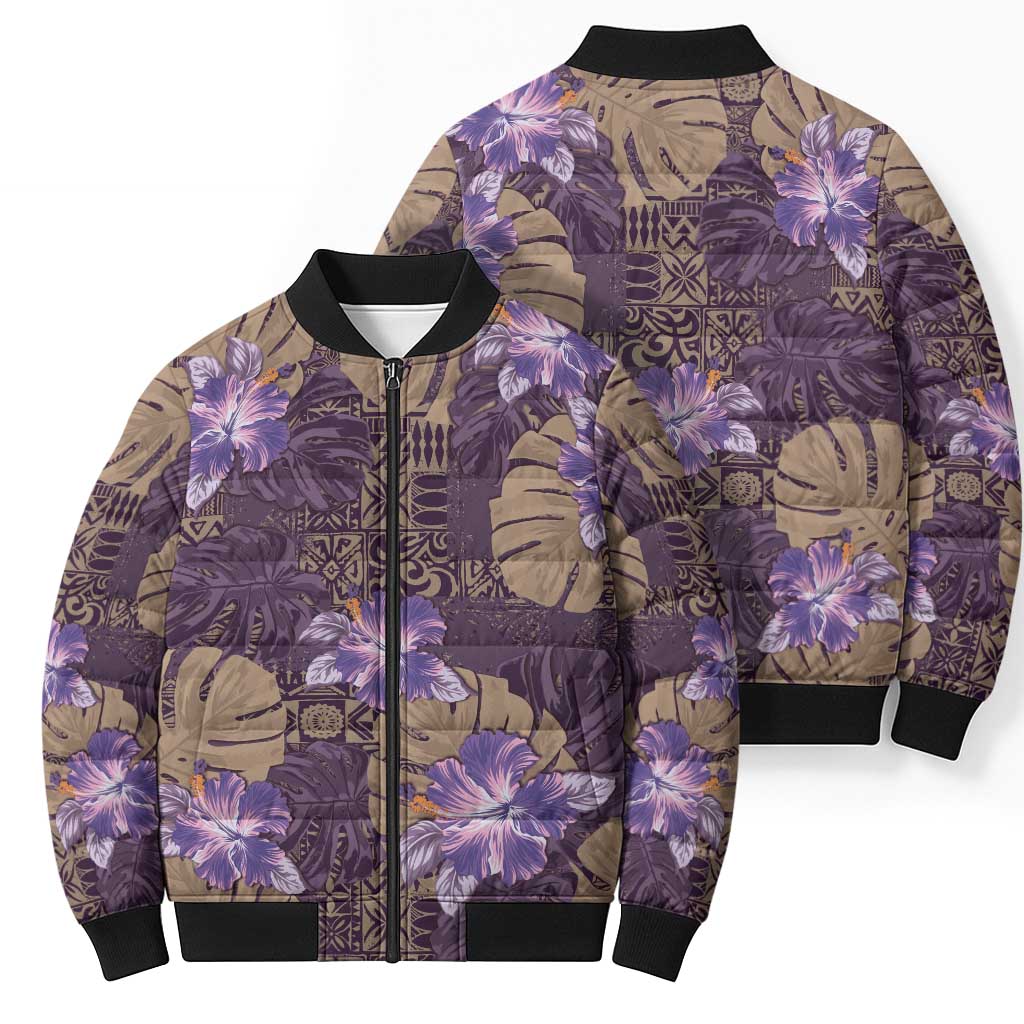 Hawaii Bomber Puffer Jacket Purple Polynesian Monstera Patterns - Polynesian Pride