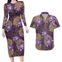 Hawaii Couples Matching Long Sleeve Bodycon Dress and Hawaiian Shirt Purple Polynesian Monstera Patterns - Polynesian Pride