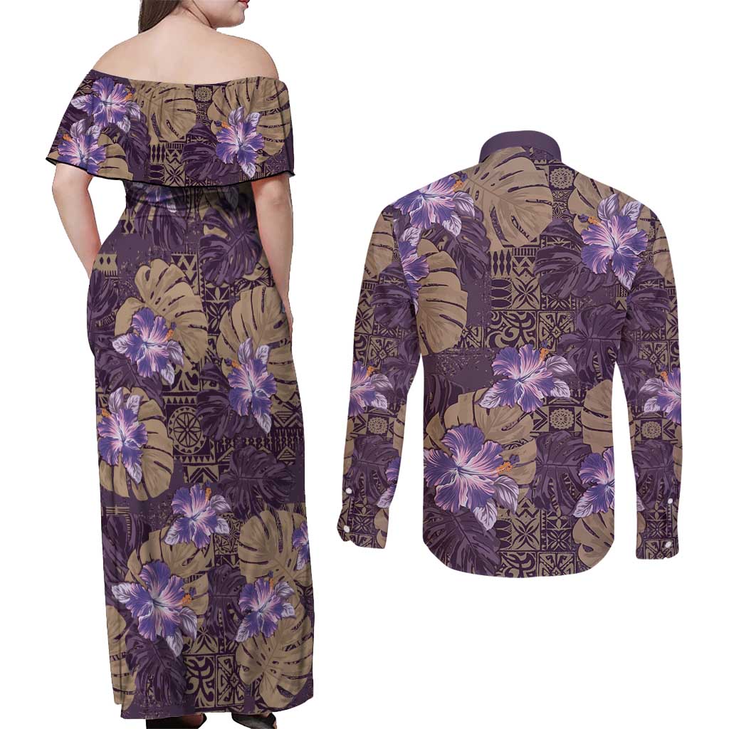 Hawaii Couples Matching Off Shoulder Maxi Dress and Long Sleeve Button Shirt Purple Polynesian Monstera Patterns - Polynesian Pride