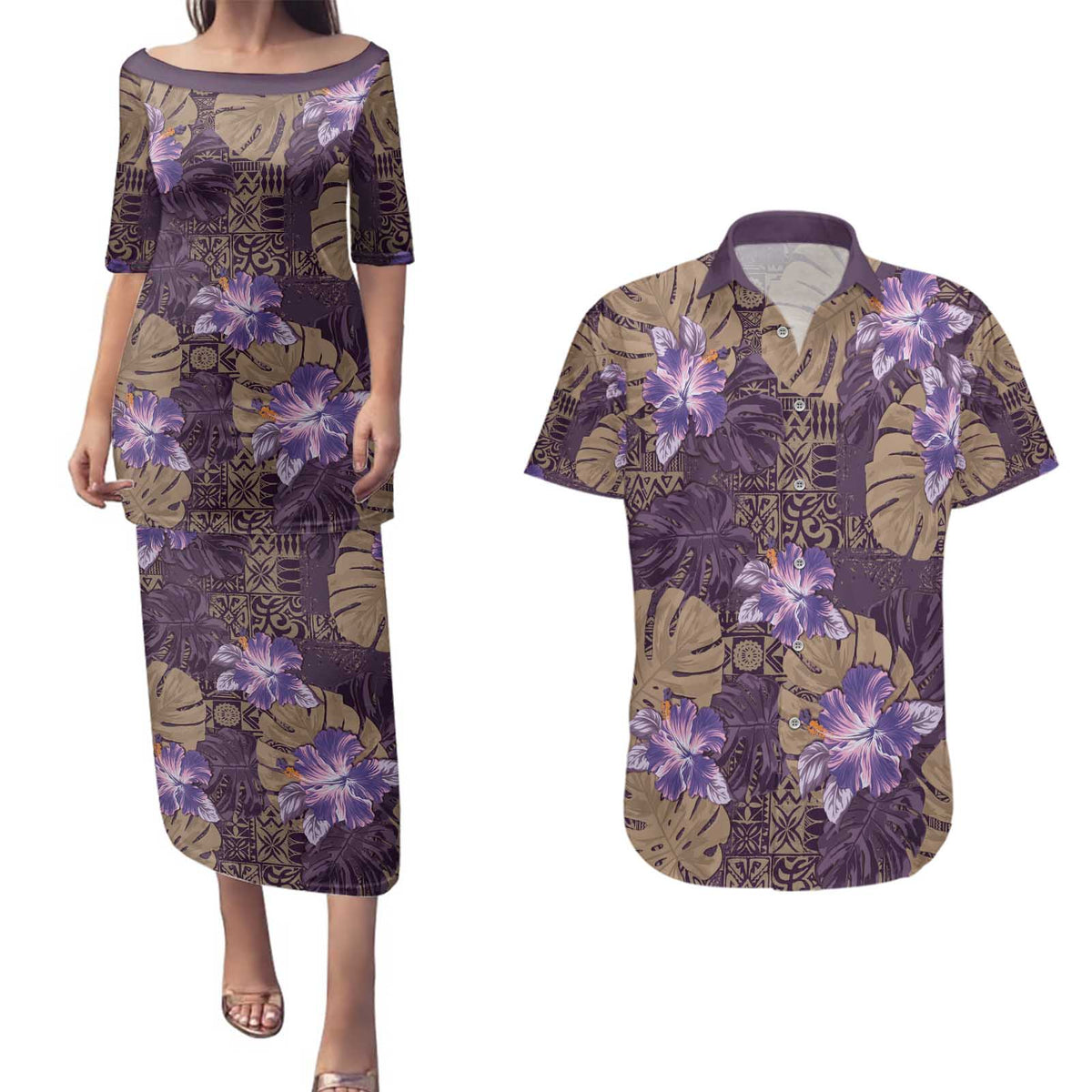 Hawaii Couples Matching Puletasi and Hawaiian Shirt Purple Polynesian Monstera Patterns - Polynesian Pride