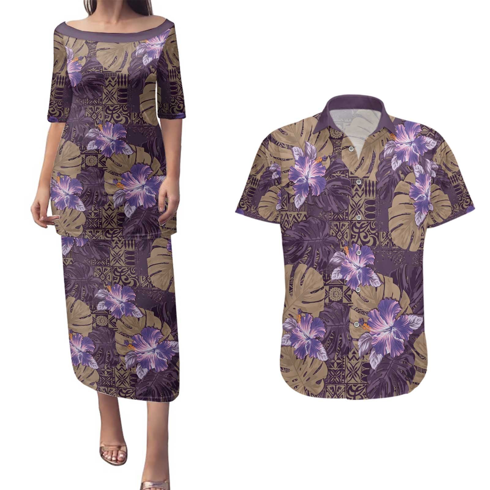 Hawaii Couples Matching Puletasi and Hawaiian Shirt Purple Polynesian Monstera Patterns - Polynesian Pride