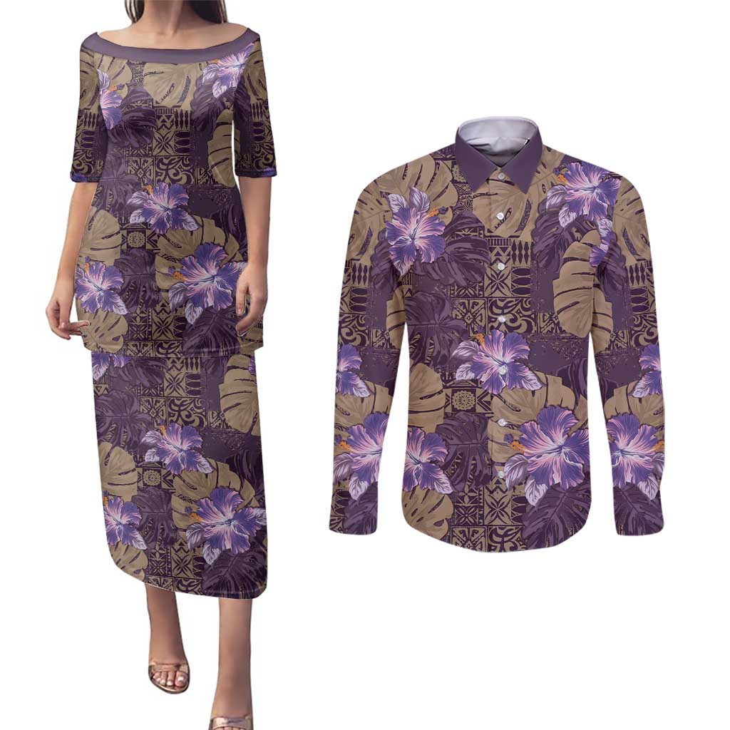 Hawaii Couples Matching Puletasi and Long Sleeve Button Shirt Purple Polynesian Monstera Patterns - Polynesian Pride