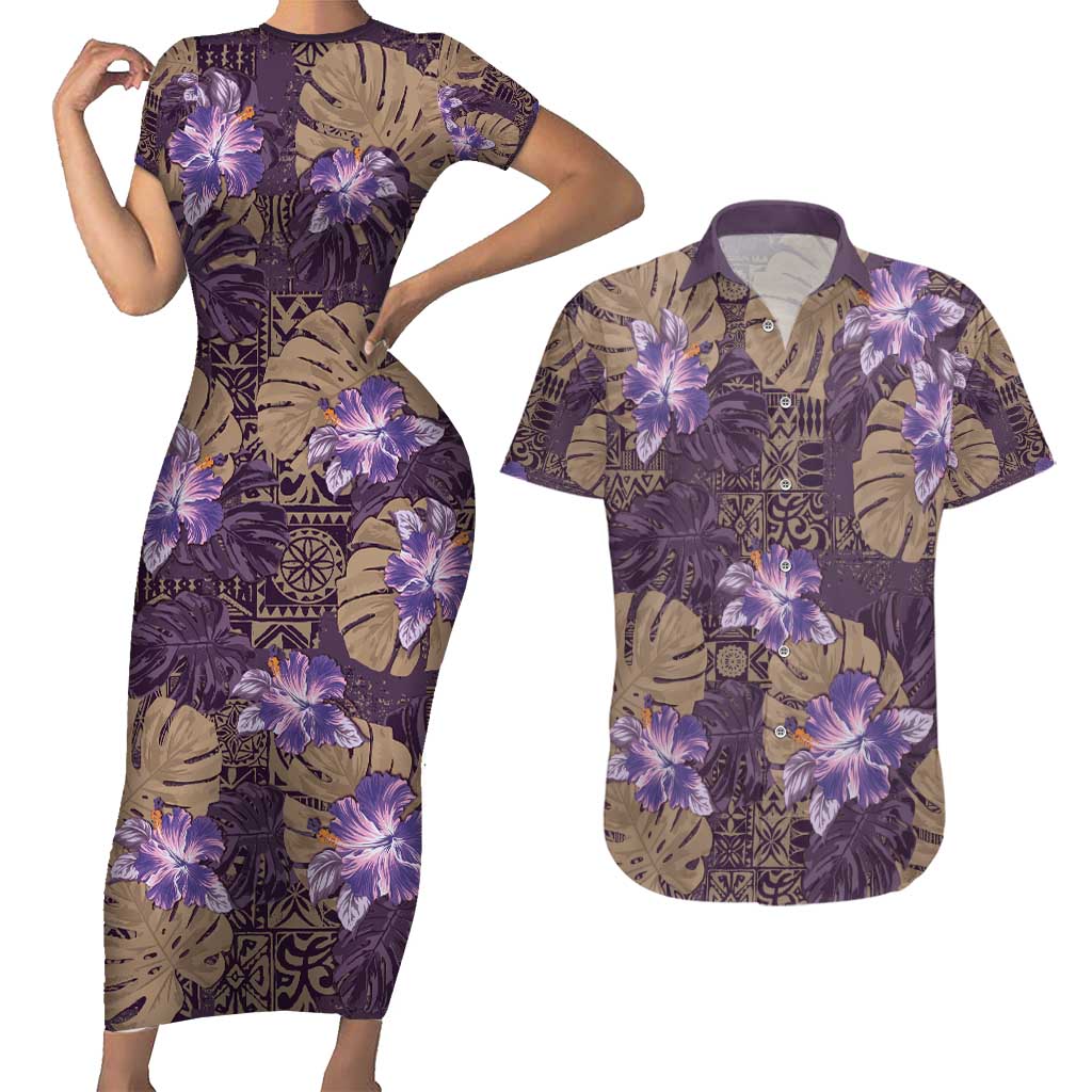 Hawaii Couples Matching Short Sleeve Bodycon Dress and Hawaiian Shirt Purple Polynesian Monstera Patterns - Polynesian Pride