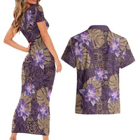 Hawaii Couples Matching Short Sleeve Bodycon Dress and Hawaiian Shirt Purple Polynesian Monstera Patterns - Polynesian Pride