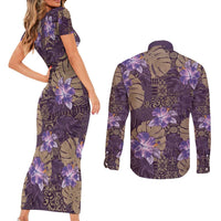 Hawaii Couples Matching Short Sleeve Bodycon Dress and Long Sleeve Button Shirt Purple Polynesian Monstera Patterns - Polynesian Pride