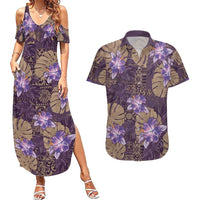 Hawaii Couples Matching Summer Maxi Dress and Hawaiian Shirt Purple Polynesian Monstera Patterns - Polynesian Pride