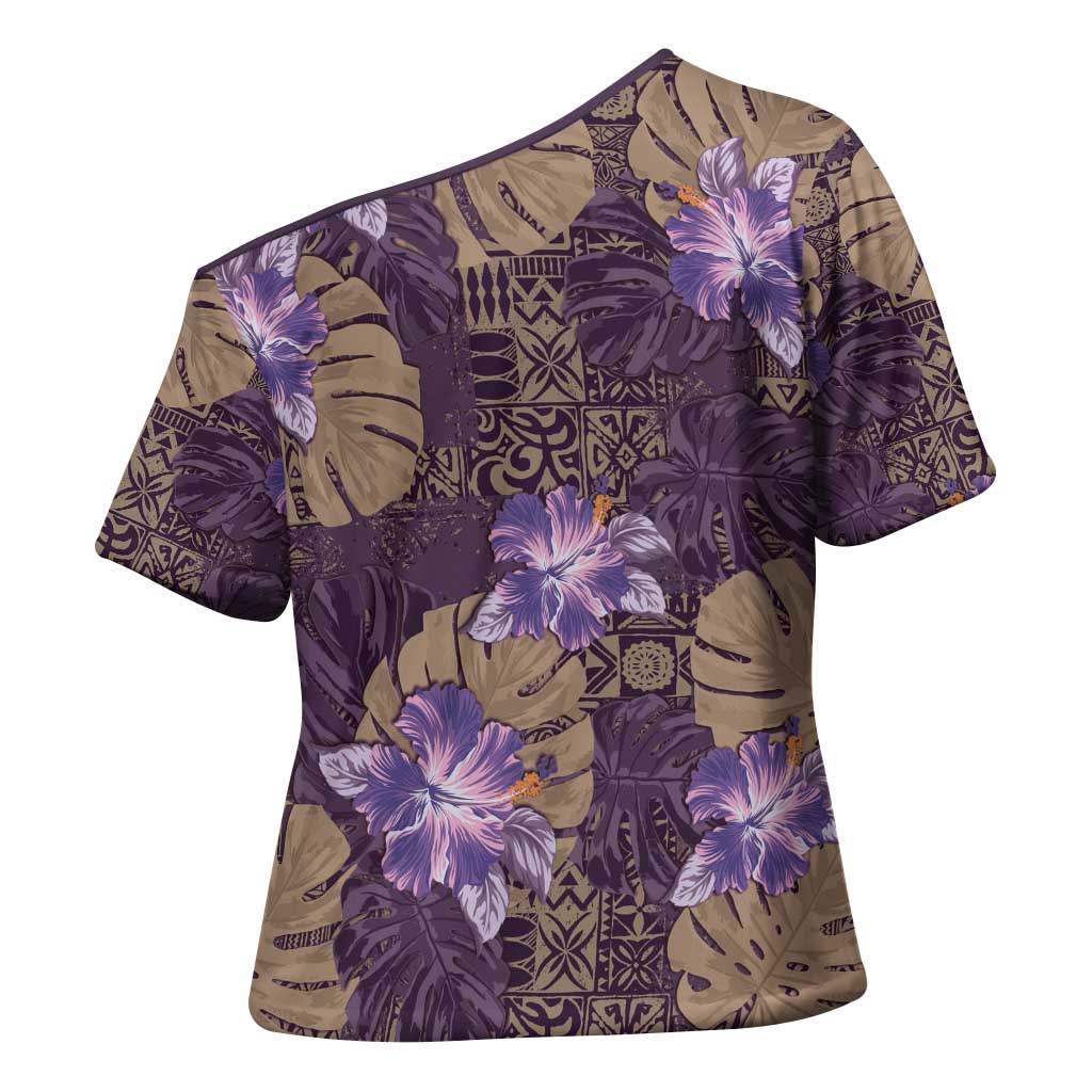 Hawaii Cross Shoulder Shirt Purple Polynesian Monstera Patterns - Polynesian Pride