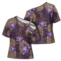 Hawaii Cross Shoulder Shirt Purple Polynesian Monstera Patterns - Polynesian Pride
