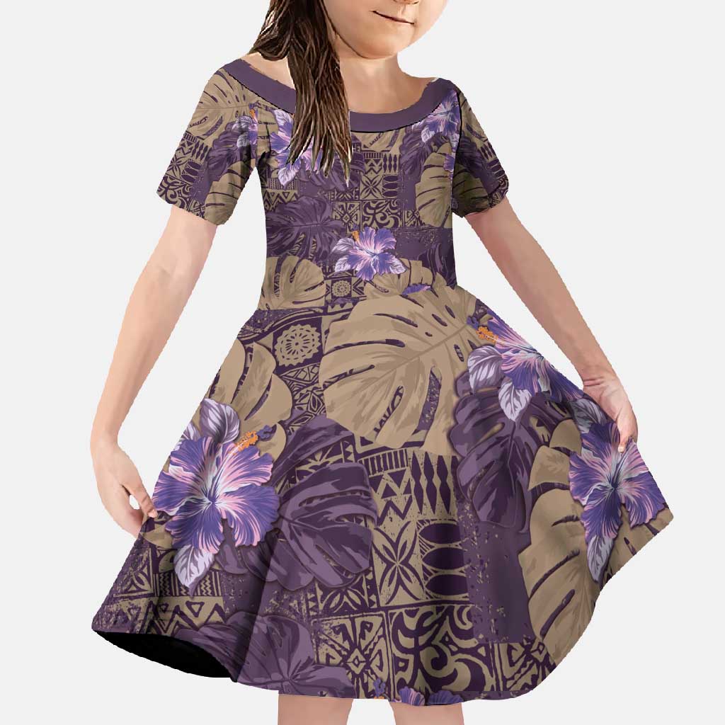 Hawaii Family Matching Long Sleeve Bodycon Dress and Hawaiian Shirt Purple Polynesian Monstera Patterns - Polynesian Pride