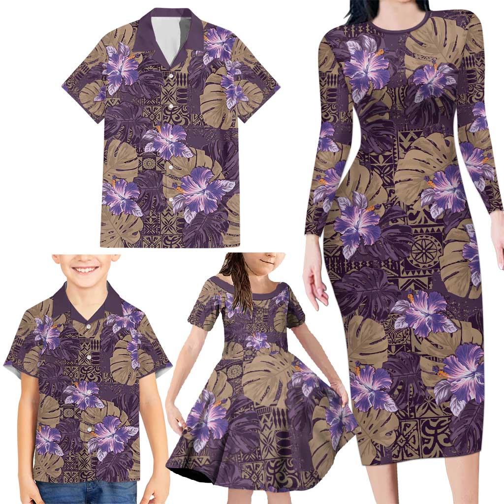 Hawaii Family Matching Long Sleeve Bodycon Dress and Hawaiian Shirt Purple Polynesian Monstera Patterns - Polynesian Pride