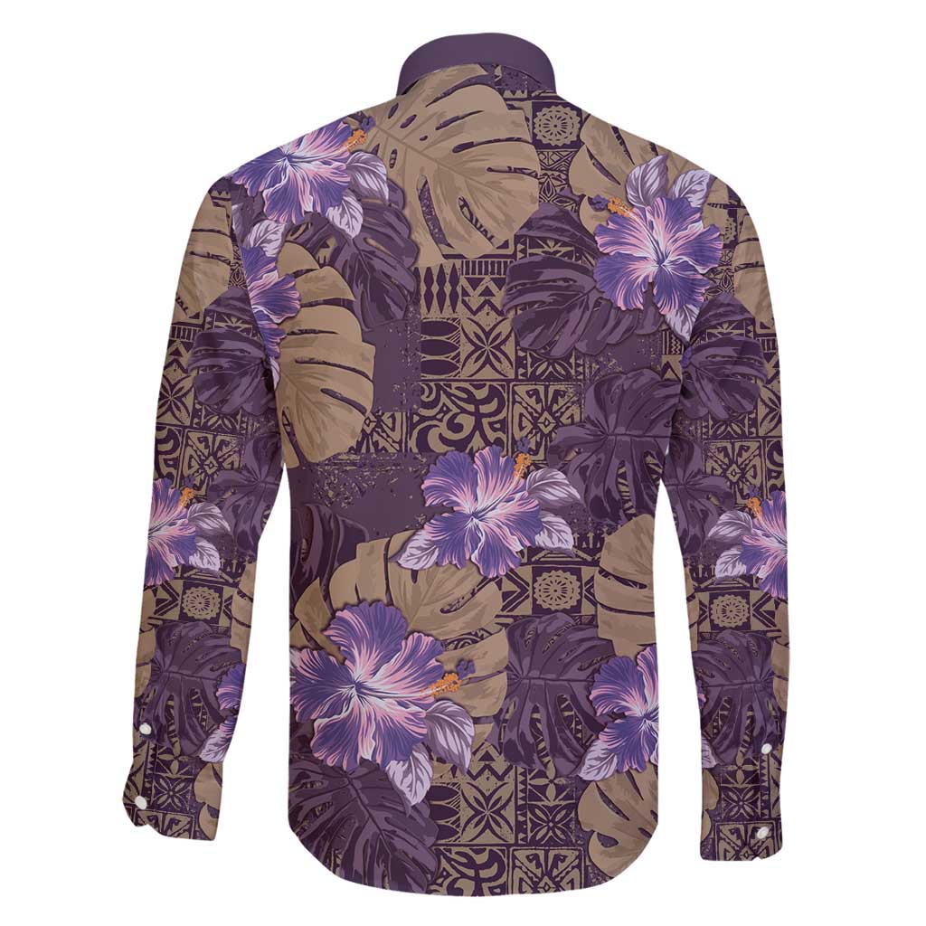 Hawaii Family Matching Long Sleeve Bodycon Dress and Hawaiian Shirt Purple Polynesian Monstera Patterns - Polynesian Pride