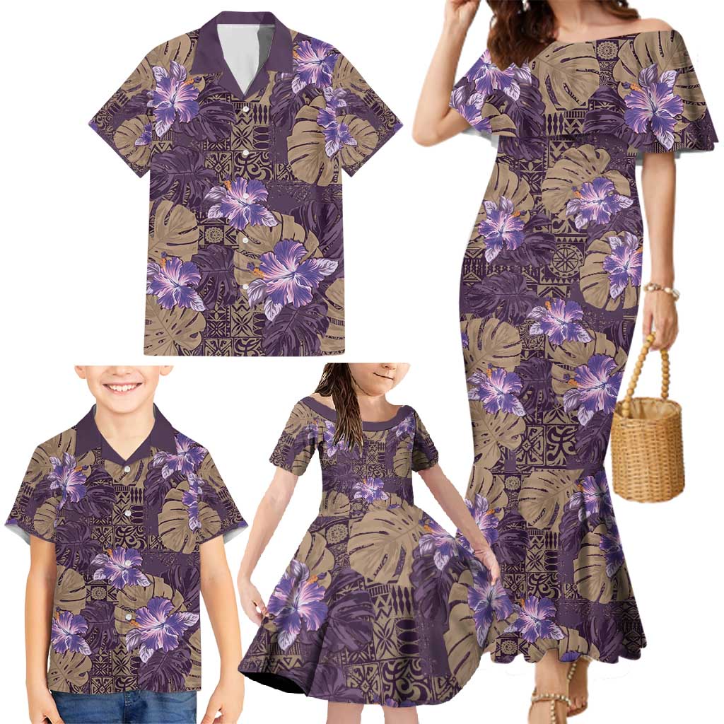 Hawaii Family Matching Mermaid Dress and Hawaiian Shirt Purple Polynesian Monstera Patterns - Polynesian Pride