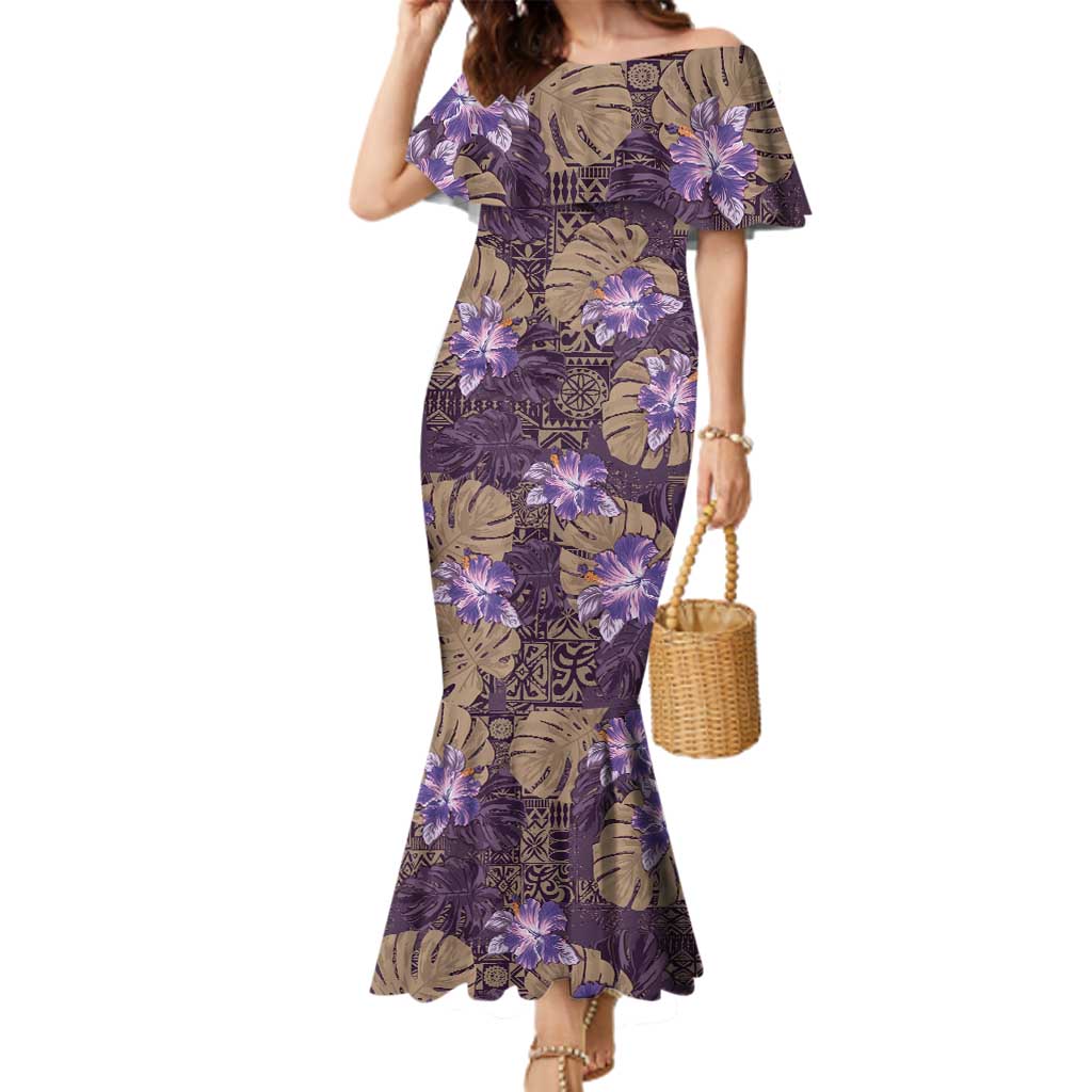 Hawaii Family Matching Mermaid Dress and Hawaiian Shirt Purple Polynesian Monstera Patterns - Polynesian Pride