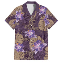 Hawaii Family Matching Off The Shoulder Long Sleeve Dress and Hawaiian Shirt Purple Polynesian Monstera Patterns - Polynesian Pride