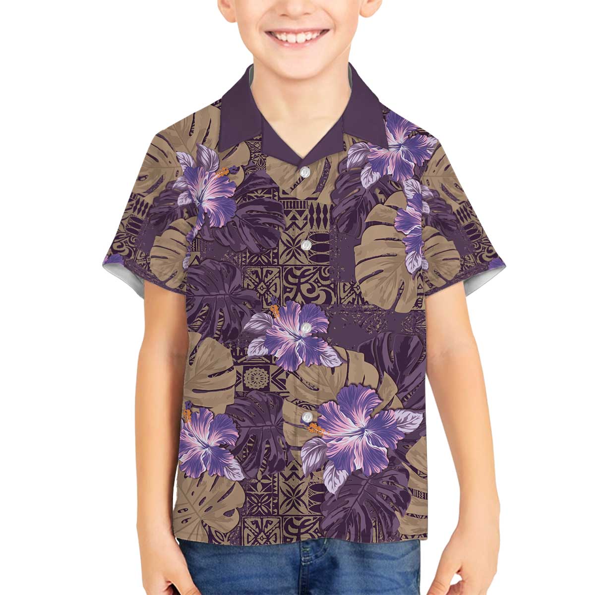 Hawaii Family Matching Off The Shoulder Long Sleeve Dress and Hawaiian Shirt Purple Polynesian Monstera Patterns - Polynesian Pride
