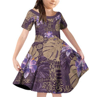 Hawaii Family Matching Off Shoulder Short Dress and Hawaiian Shirt Purple Polynesian Monstera Patterns - Polynesian Pride