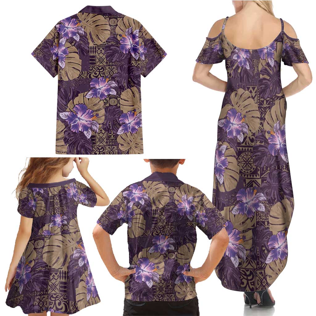 Hawaii Family Matching Summer Maxi Dress and Hawaiian Shirt Purple Polynesian Monstera Patterns - Polynesian Pride