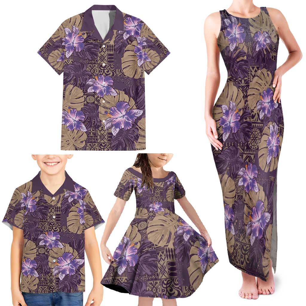 Hawaii Family Matching Tank Maxi Dress and Hawaiian Shirt Purple Polynesian Monstera Patterns - Polynesian Pride