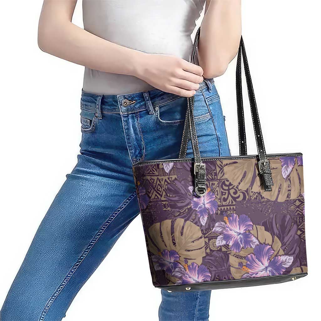 Hawaii Leather Tote Bag Purple Polynesian Monstera Patterns - Polynesian Pride