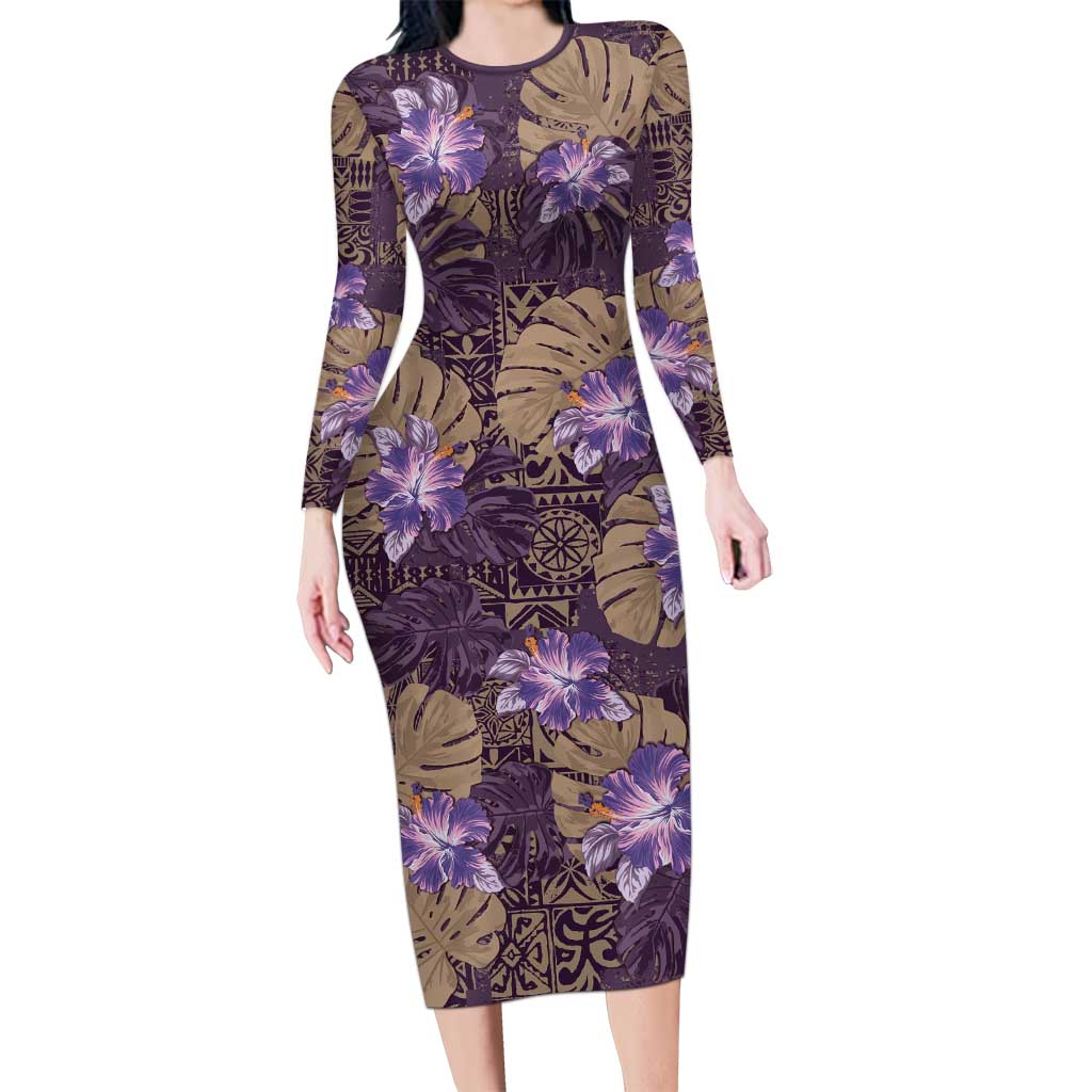 Hawaii Long Sleeve Bodycon Dress Purple Polynesian Monstera Patterns - Polynesian Pride