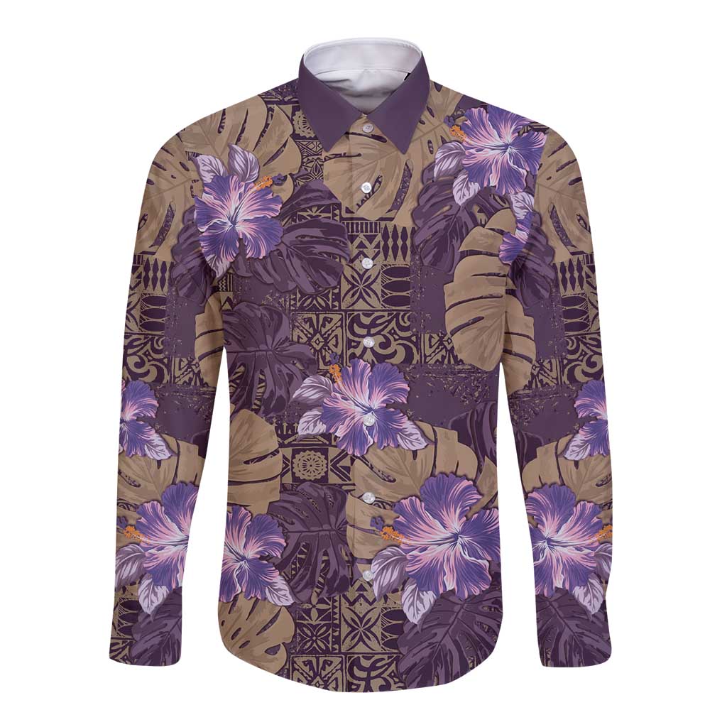 Hawaii Long Sleeve Button Shirt Purple Polynesian Monstera Patterns - Polynesian Pride