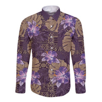 Hawaii Long Sleeve Button Shirt Purple Polynesian Monstera Patterns - Polynesian Pride