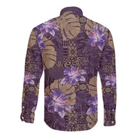 Hawaii Long Sleeve Button Shirt Purple Polynesian Monstera Patterns - Polynesian Pride