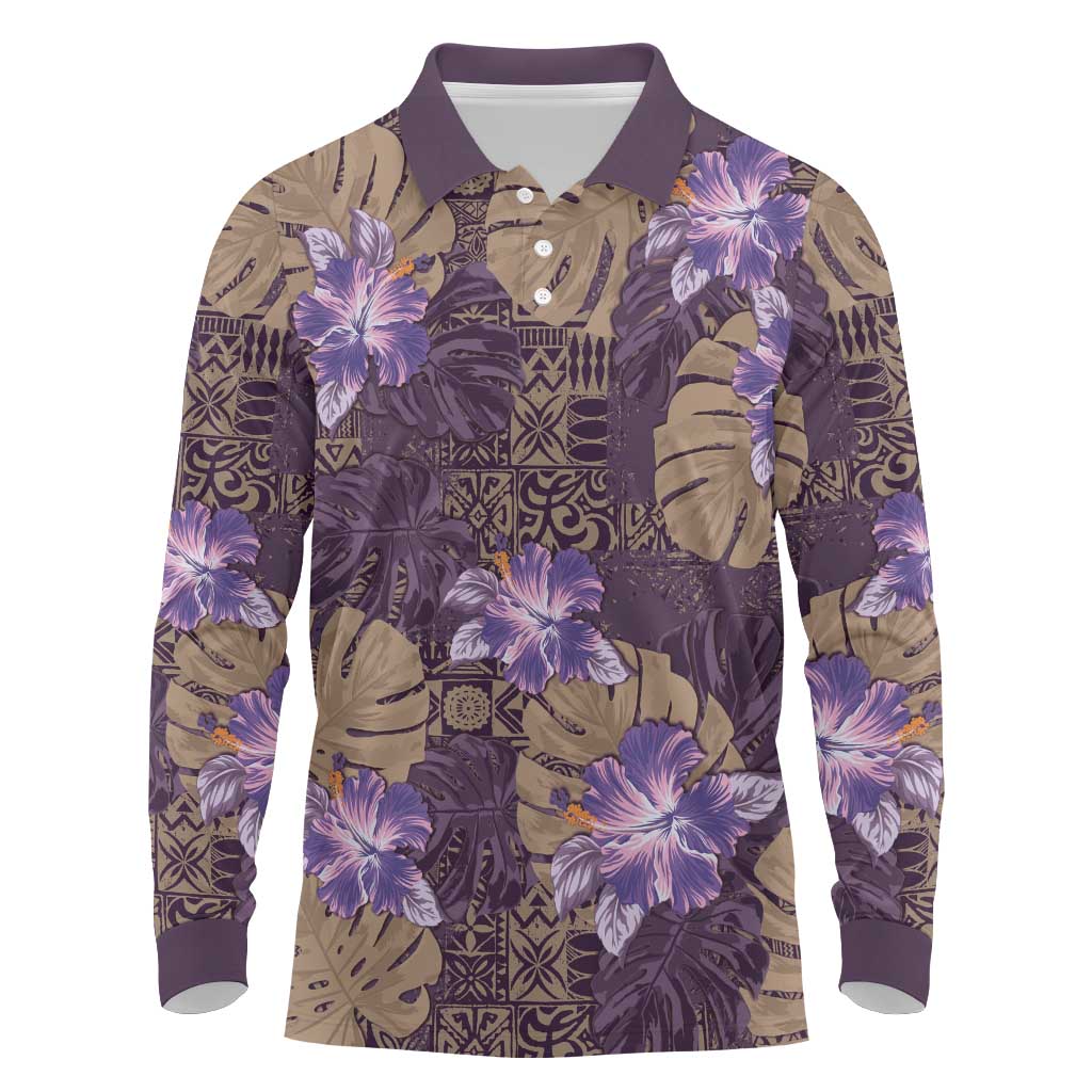 Hawaii Long Sleeve Polo Shirt Purple Polynesian Monstera Patterns - Polynesian Pride