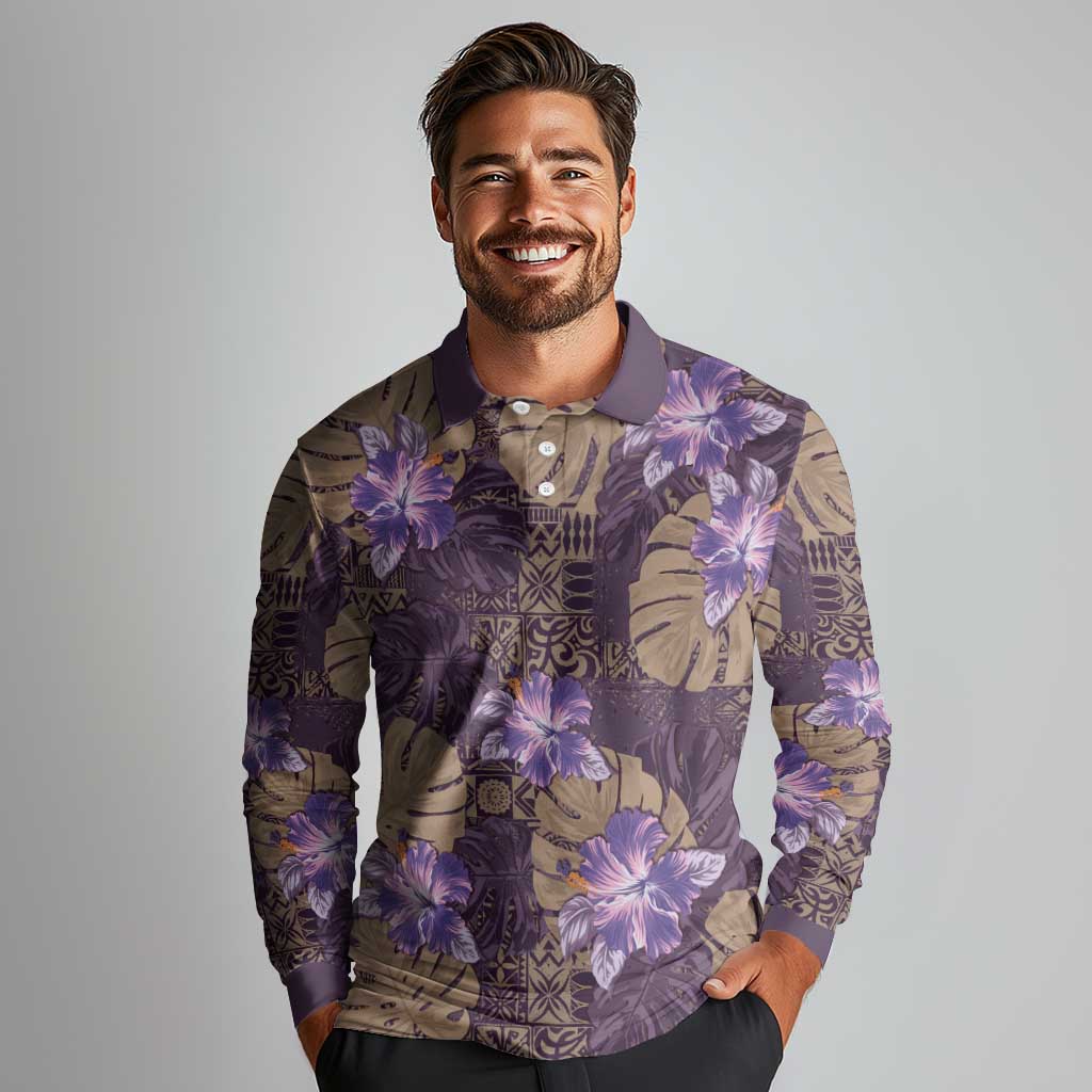 Hawaii Long Sleeve Polo Shirt Purple Polynesian Monstera Patterns - Polynesian Pride