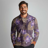 Hawaii Long Sleeve Polo Shirt Purple Polynesian Monstera Patterns - Polynesian Pride