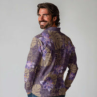 Hawaii Long Sleeve Polo Shirt Purple Polynesian Monstera Patterns - Polynesian Pride