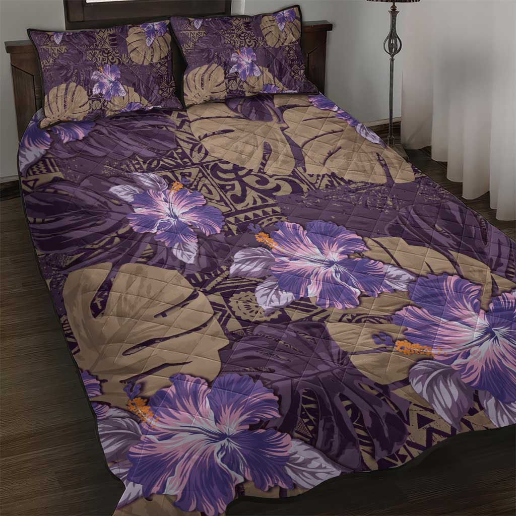 Hawaii Quilt Bed Set Purple Polynesian Monstera Patterns - Polynesian Pride