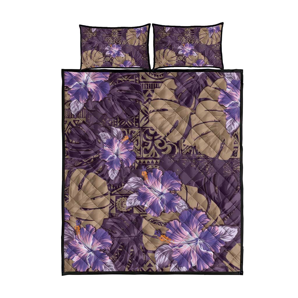 Hawaii Quilt Bed Set Purple Polynesian Monstera Patterns - Polynesian Pride
