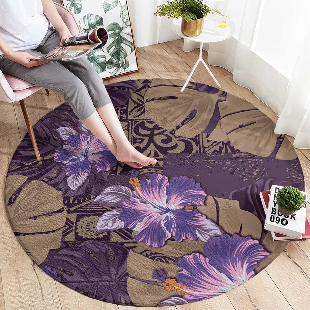 Hawaii Round Carpet Purple Polynesian Monstera Patterns - Polynesian Pride