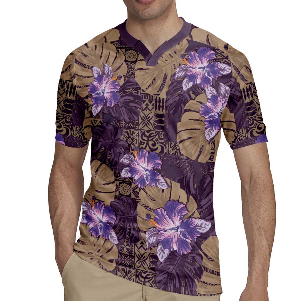Hawaii Rugby Jersey Purple Polynesian Monstera Patterns - Polynesian Pride