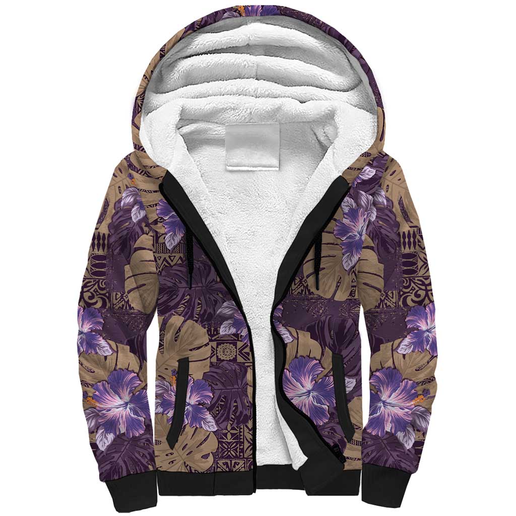 Hawaii Sherpa Hoodie Purple Polynesian Monstera Patterns - Polynesian Pride