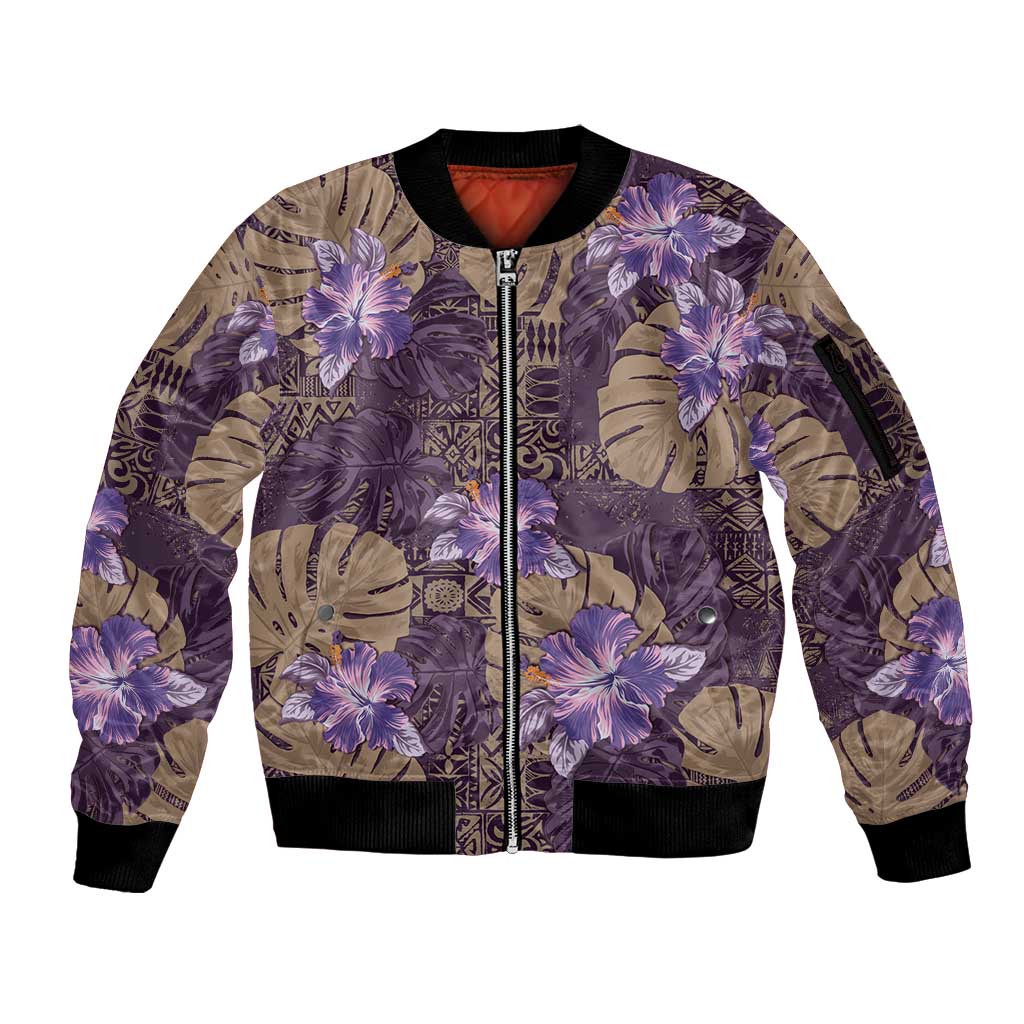 Hawaii Sleeve Zip Bomber Jacket Purple Polynesian Monstera Patterns - Polynesian Pride