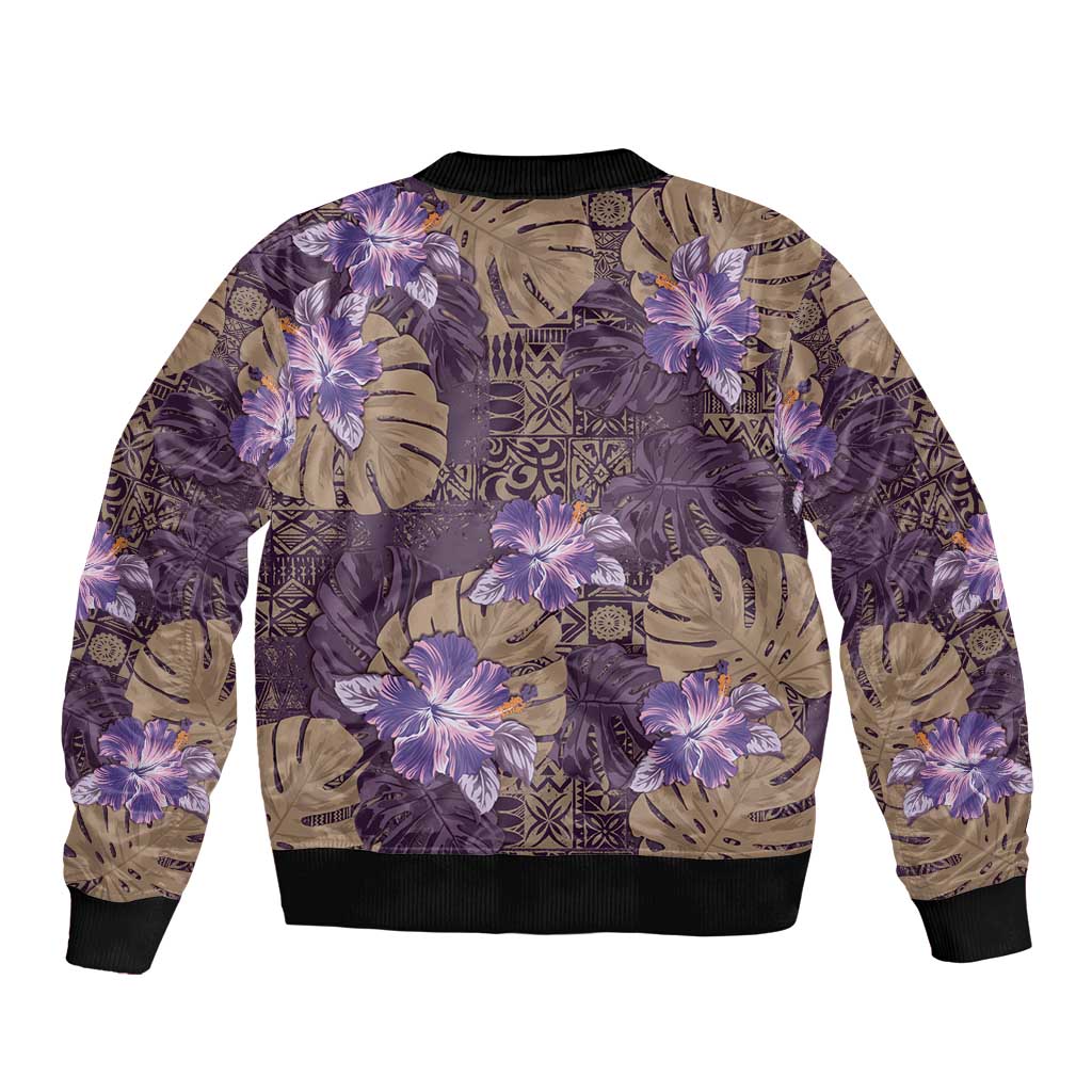 Hawaii Sleeve Zip Bomber Jacket Purple Polynesian Monstera Patterns - Polynesian Pride