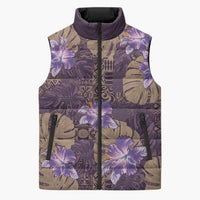 Hawaii Sleeveless Puffer Jacket Purple Polynesian Monstera Patterns - Polynesian Pride