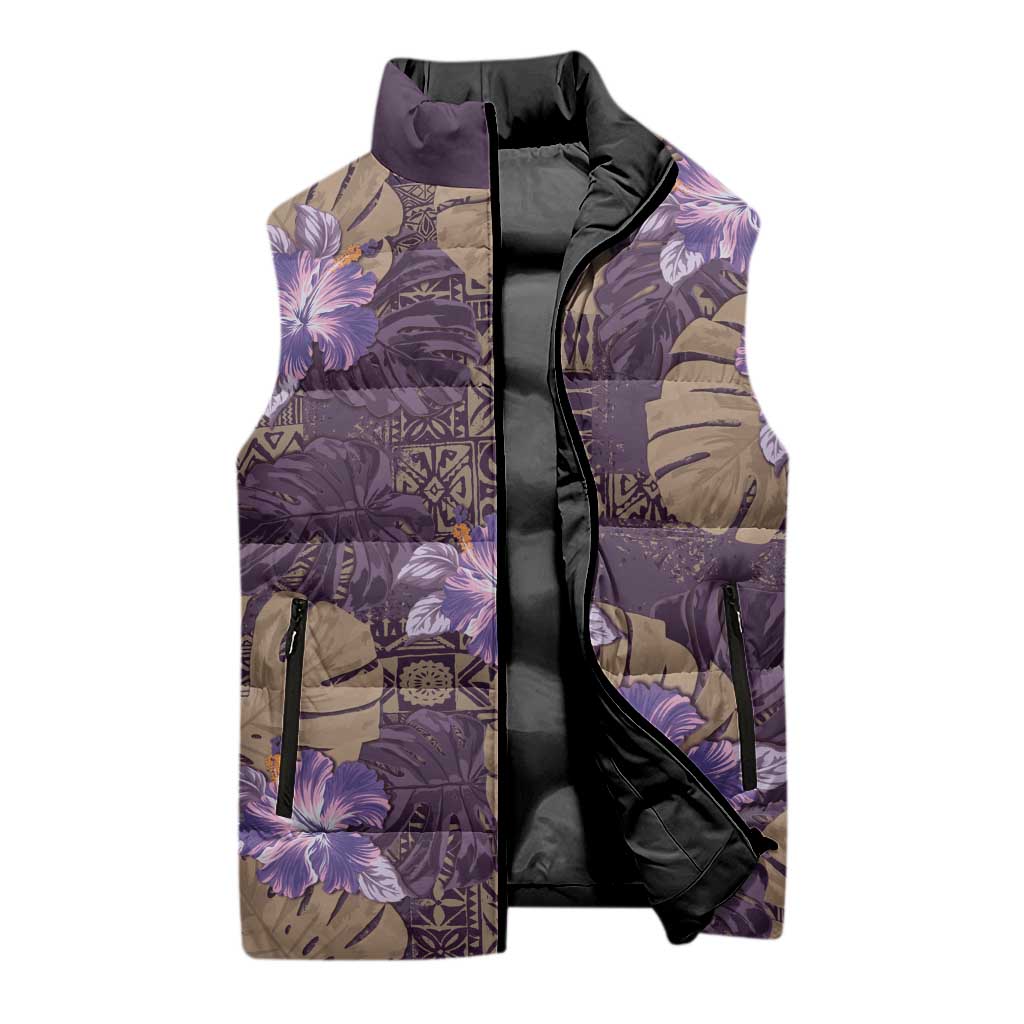 Hawaii Sleeveless Puffer Jacket Purple Polynesian Monstera Patterns - Polynesian Pride