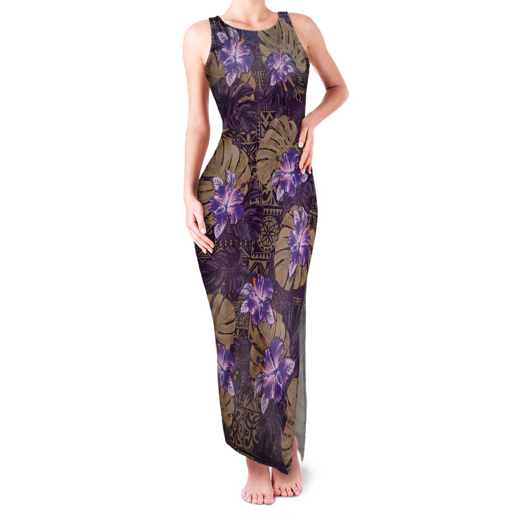 Hawaii Tank Maxi Dress Purple Polynesian Monstera Patterns - Polynesian Pride