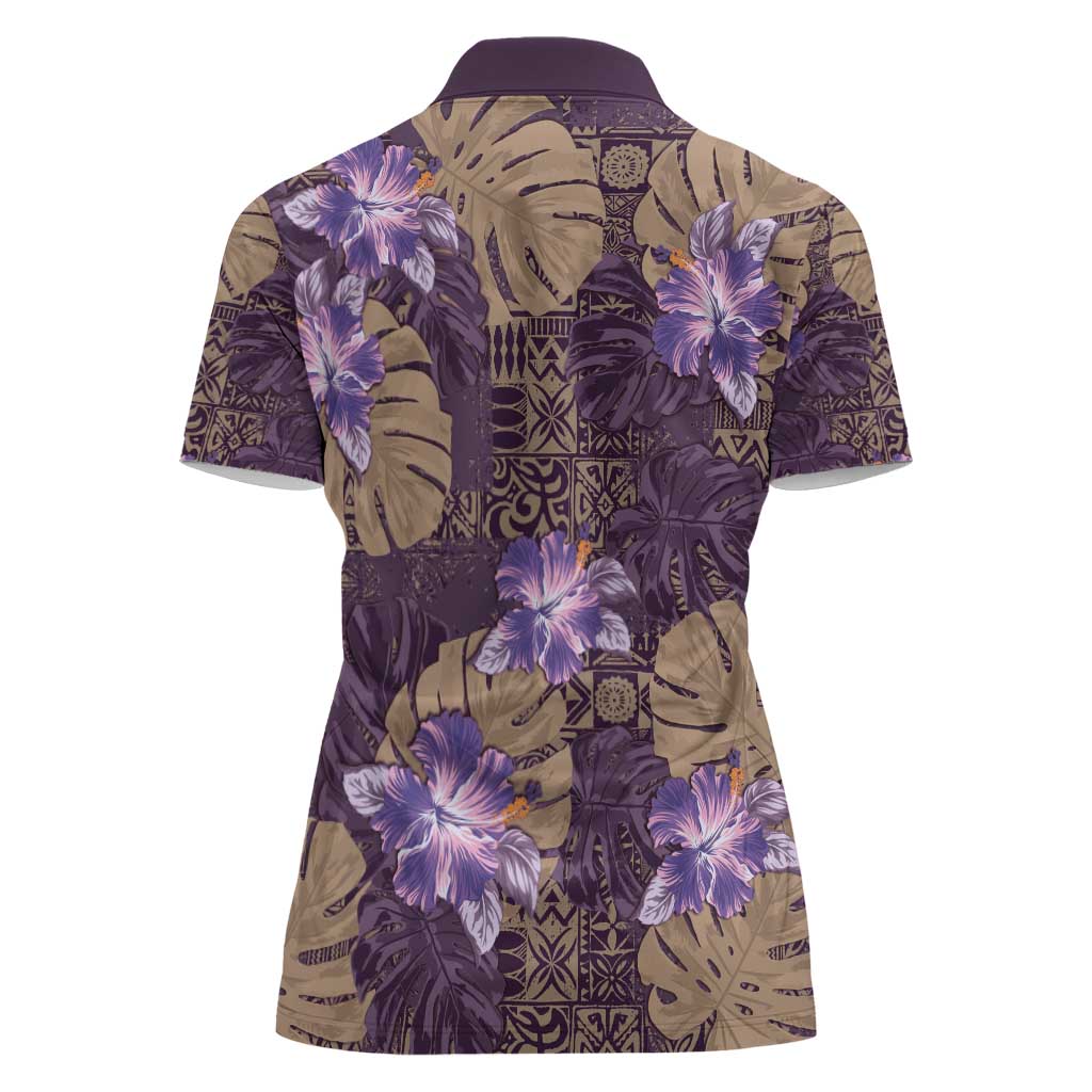 Hawaii Women Polo Shirt Purple Polynesian Monstera Patterns - Polynesian Pride