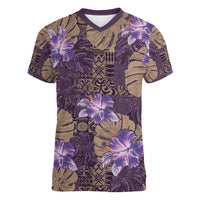 Hawaii Women V-Neck T-Shirt Purple Polynesian Monstera Patterns - Polynesian Pride