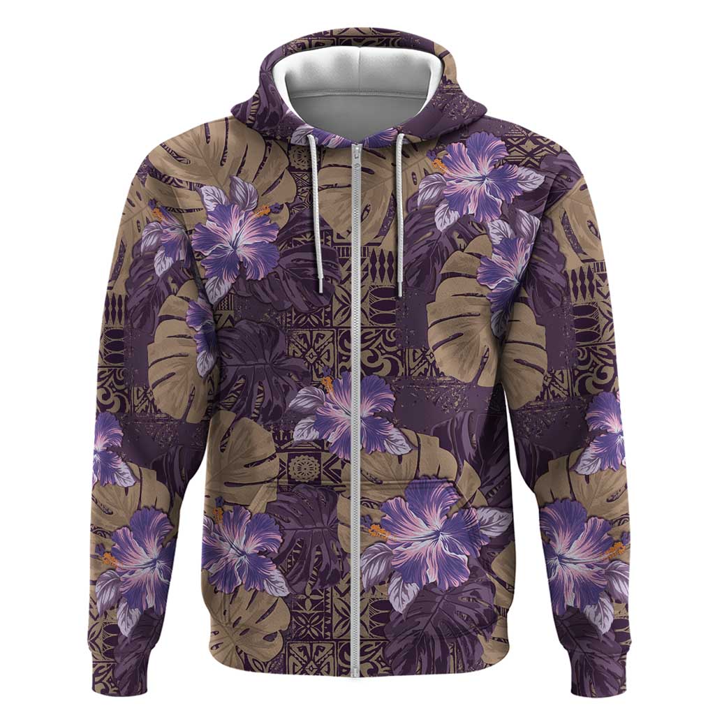 Hawaii Zip Hoodie Purple Polynesian Monstera Patterns - Polynesian Pride
