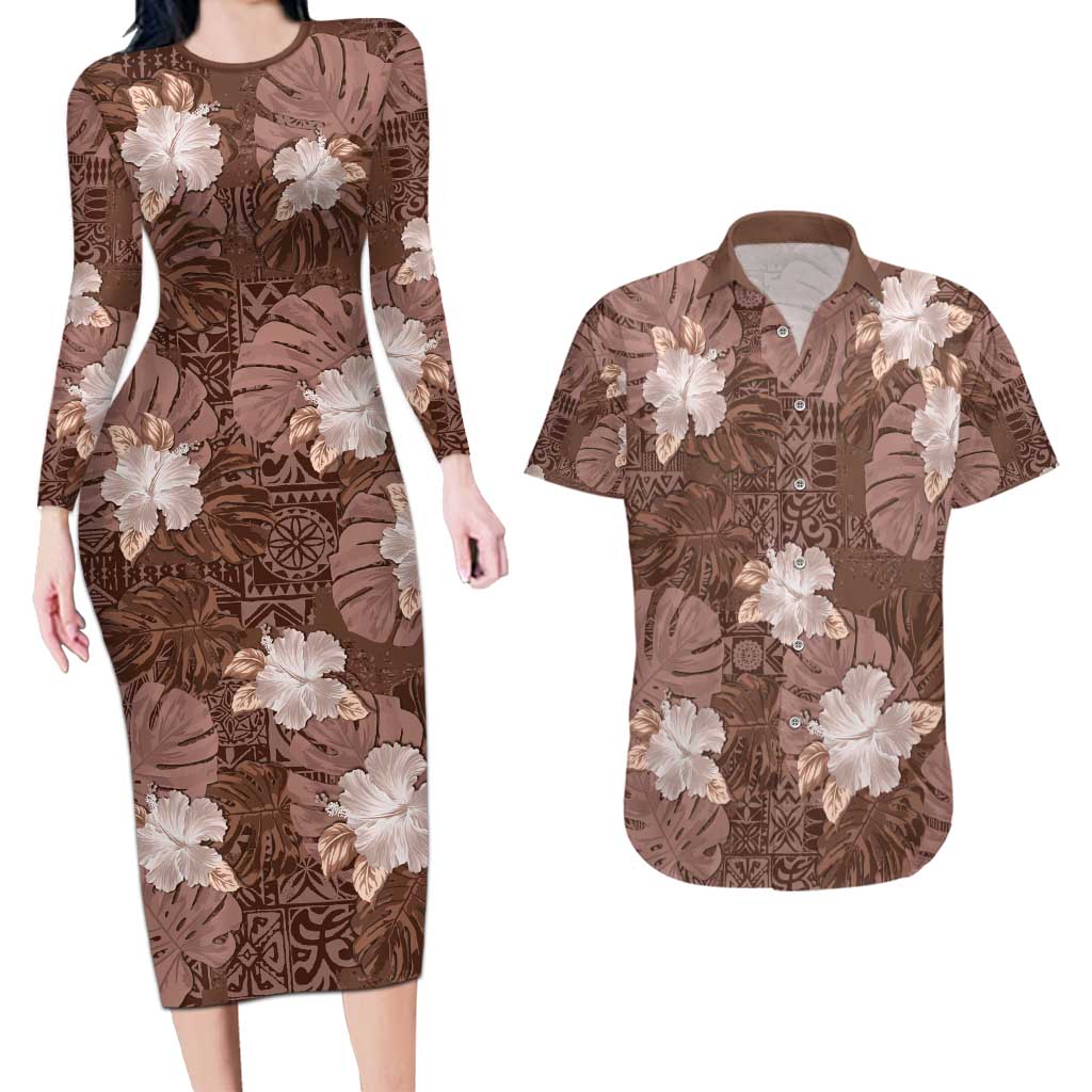 Hawaii Couples Matching Long Sleeve Bodycon Dress and Hawaiian Shirt Brown Polynesian Monstera Patterns - Polynesian Pride