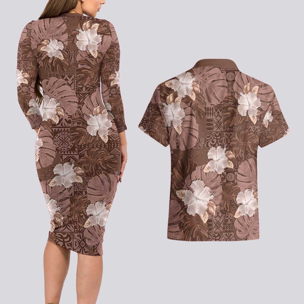 Hawaii Couples Matching Long Sleeve Bodycon Dress and Hawaiian Shirt Brown Polynesian Monstera Patterns - Polynesian Pride