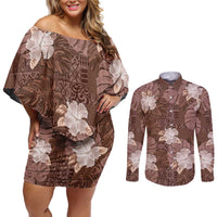 Hawaii Couples Matching Off Shoulder Short Dress and Long Sleeve Button Shirt Brown Polynesian Monstera Patterns - Polynesian Pride